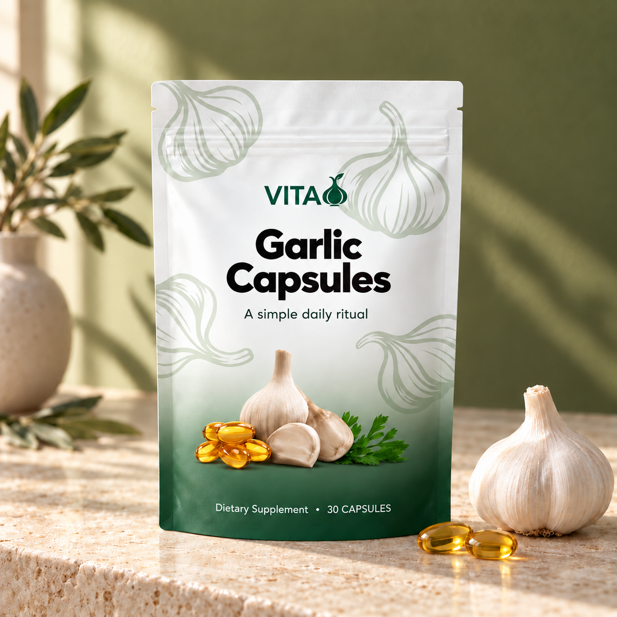 VITA Garlic Capsules packaging concept with garlic and golden capsules