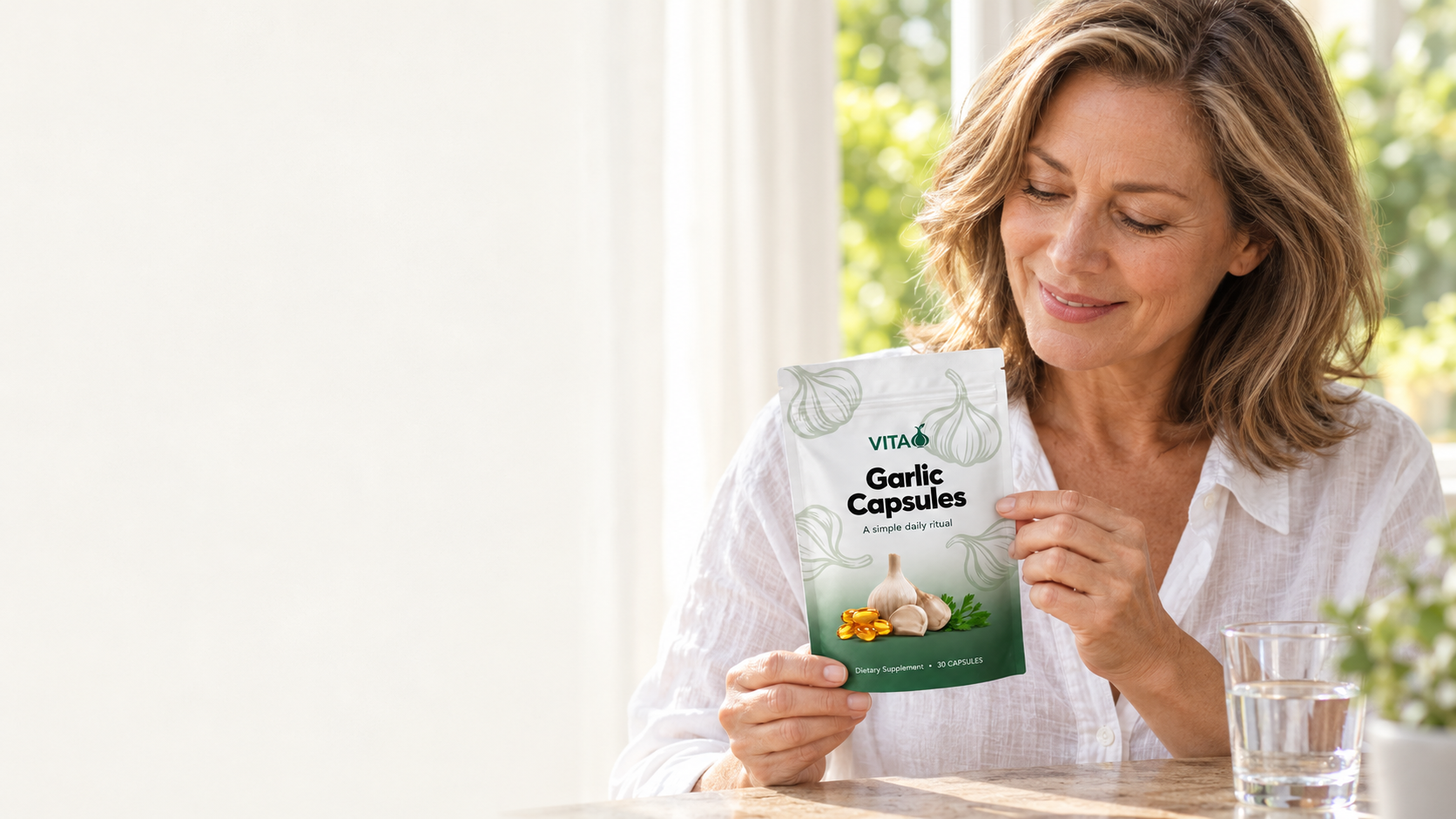 A woman holding an illustrative VITA Garlic Capsules pouch at home